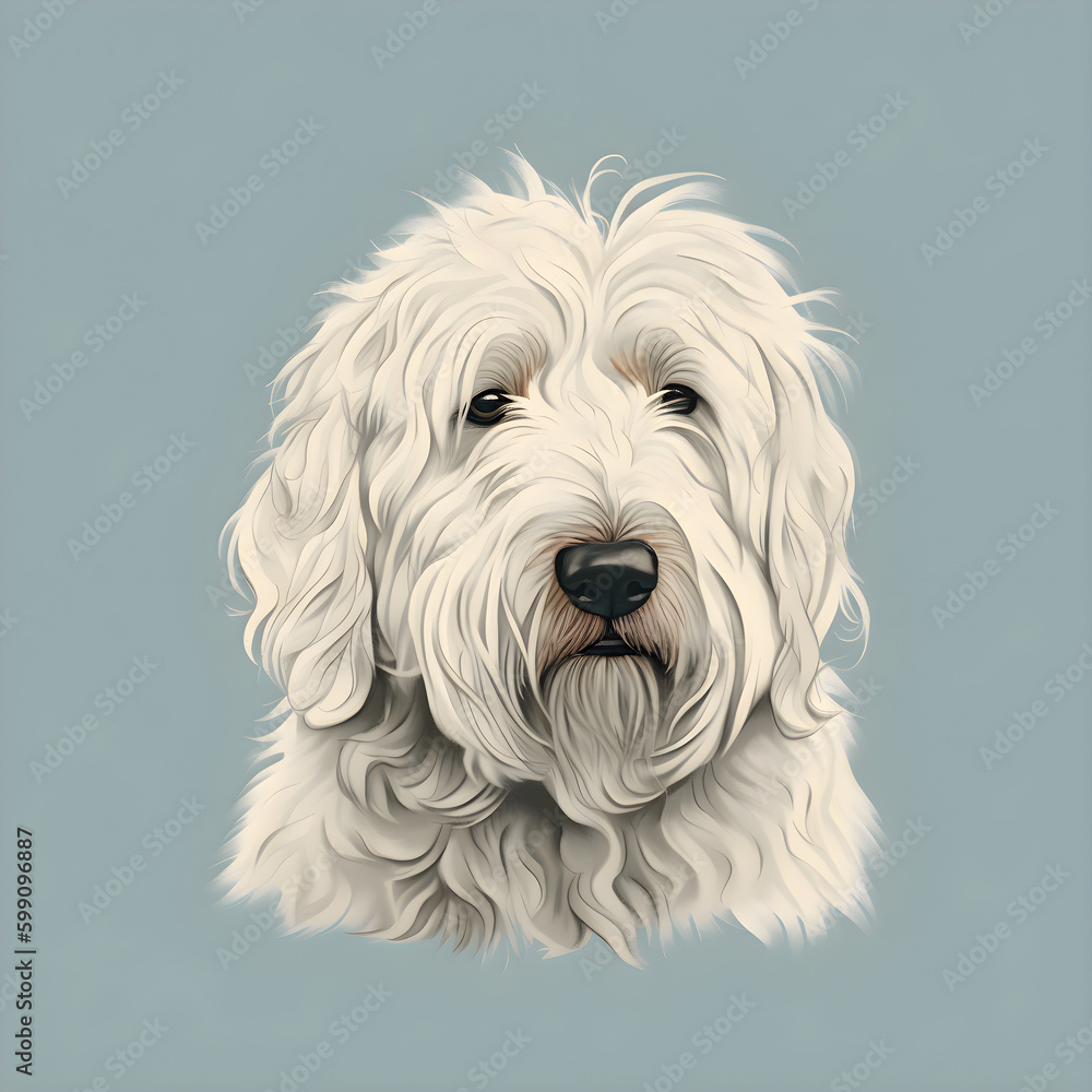 Portrait illustration of a Komondor dog, pet drawing
