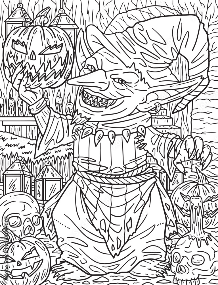 Halloween Goblin Hat Robe Coloring Page for Adults Generative AI