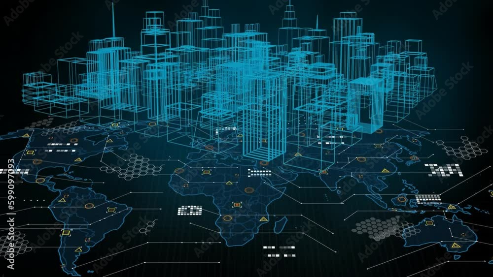 Animation of digital city over world map with data processing on black background Animation of digital city over world map with data processing on black background