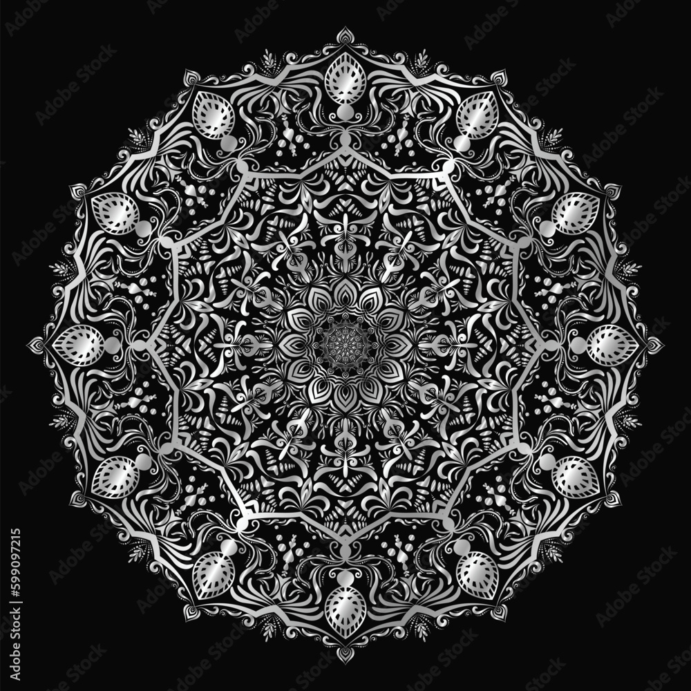 ornamental round lace mandala, silver colored mandala vector art 