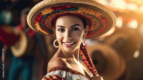portrait of a smiling beautiful Mexican woman dancing wearing a Mexican hat. Generative AI