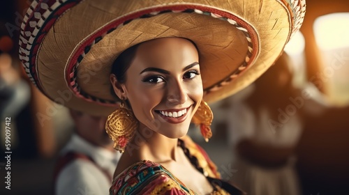 portrait of a smiling beautiful Mexican woman dancing wearing a Mexican hat. Generative AI