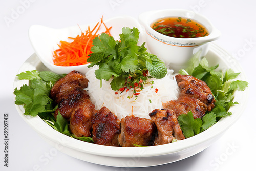 Bun Cha, a Vietnamese AI generative dish featuring grilled pork served with vermicelli noodles, herbs, and a fish sauce photo