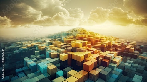 Abstract art. Colorful Cubes and Trees Create Abstract Cities with Natural Elements, Mountains, Clouds and Sky