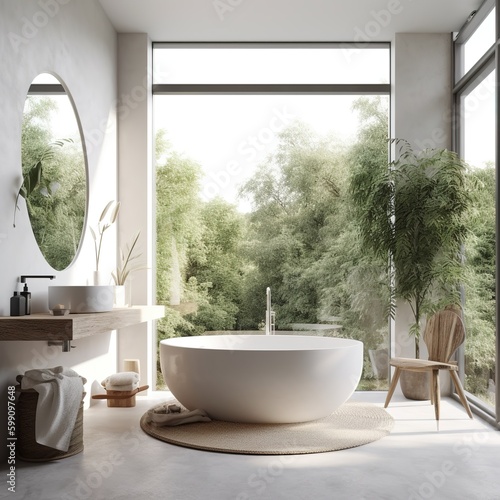 Interior of a bathroom featuring a bathtub, a large window with a view of the countryside, a sink, a round mirror, a podium, white walls, a vase with a plant, a concrete tile floor, and a towel. gener photo