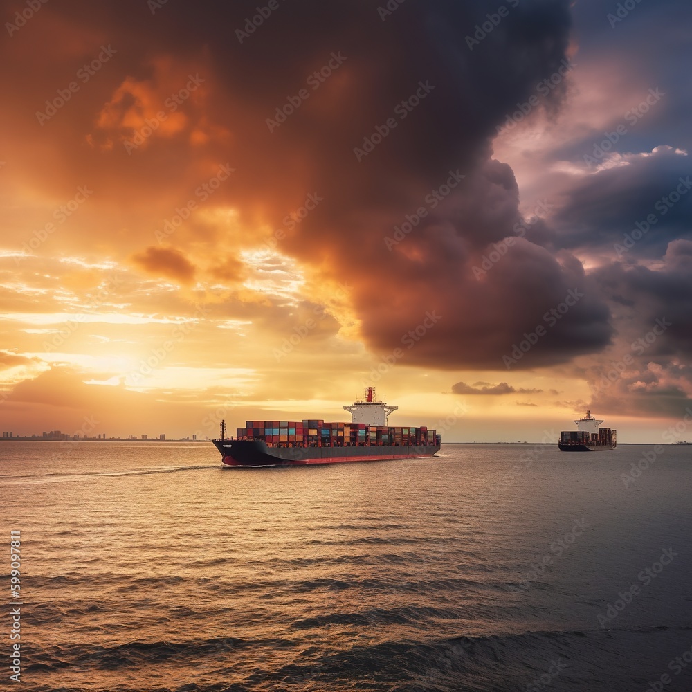 Concept of container cargo logistics import export transport, At sunset, a large ship in the ocean and a container truck are set against a dramatic sky background. generative AI