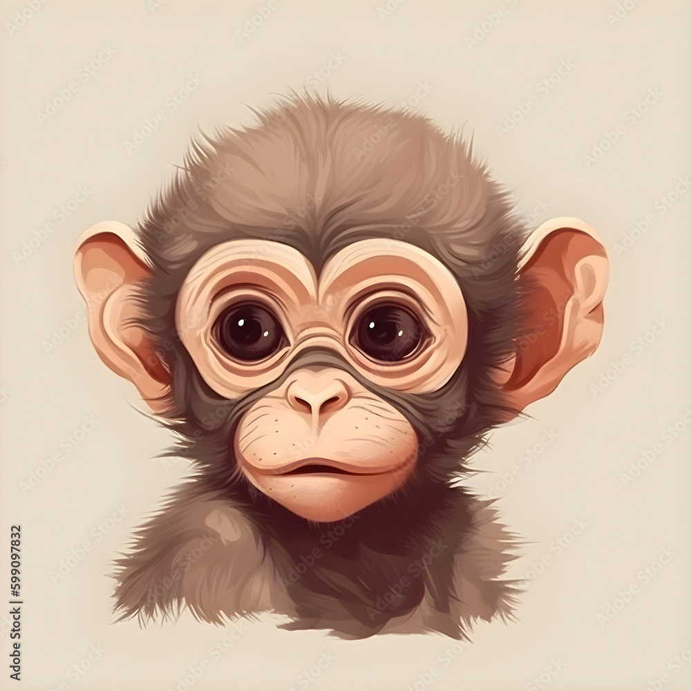 Portrait illustration of a cute baby monkey, pet drawing