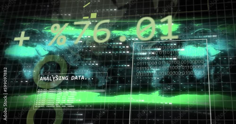 Animation of data processing over world map on black background Animation of data processing over world map on black background