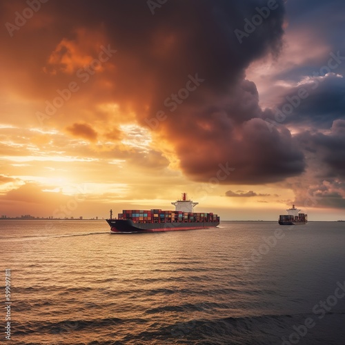 Concept of container cargo logistics import export transport, At sunset, a large ship in the ocean and a container truck are set against a dramatic sky background. generative AI