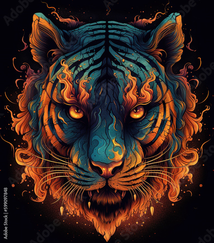 A tiger head with flames coming out of it. AI generative.