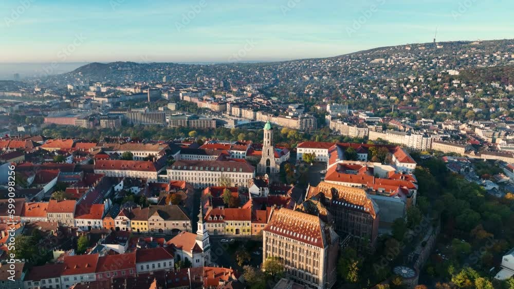 Aerial view of Budapest city skyline. Church of Mary Magdalene of Buda, one of the oldest churches of the Varkerulet District, Buda Castle District. Hungary Aerial view of Budapest city skyline. Church of Mary Magdalene of Buda, one of the oldest churches of the Varkerulet District, Buda Castle District. Hungary