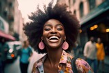 Cheerful laughing black woman on street. Generative AI	
