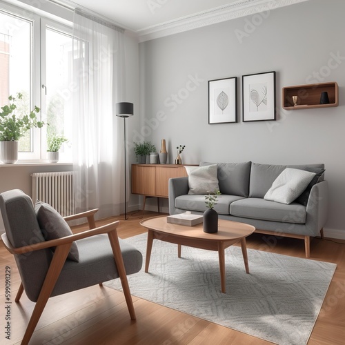 Interior of bright living room with cozy grey sofa  armchair and coffee table. generative AI