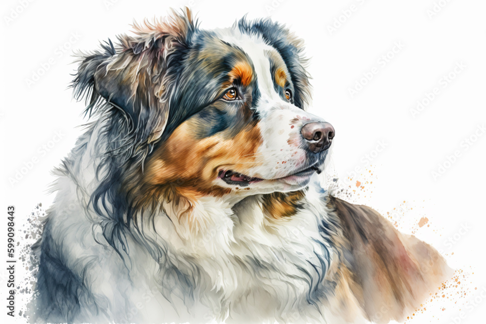 Generative AI. Breton tricolor dog. Head and body of a companion dog in watercolor