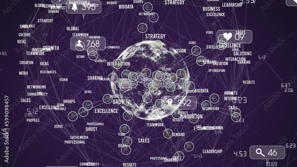 Animation of network of connections with icons over globe Animation of network of connections with icons over globe