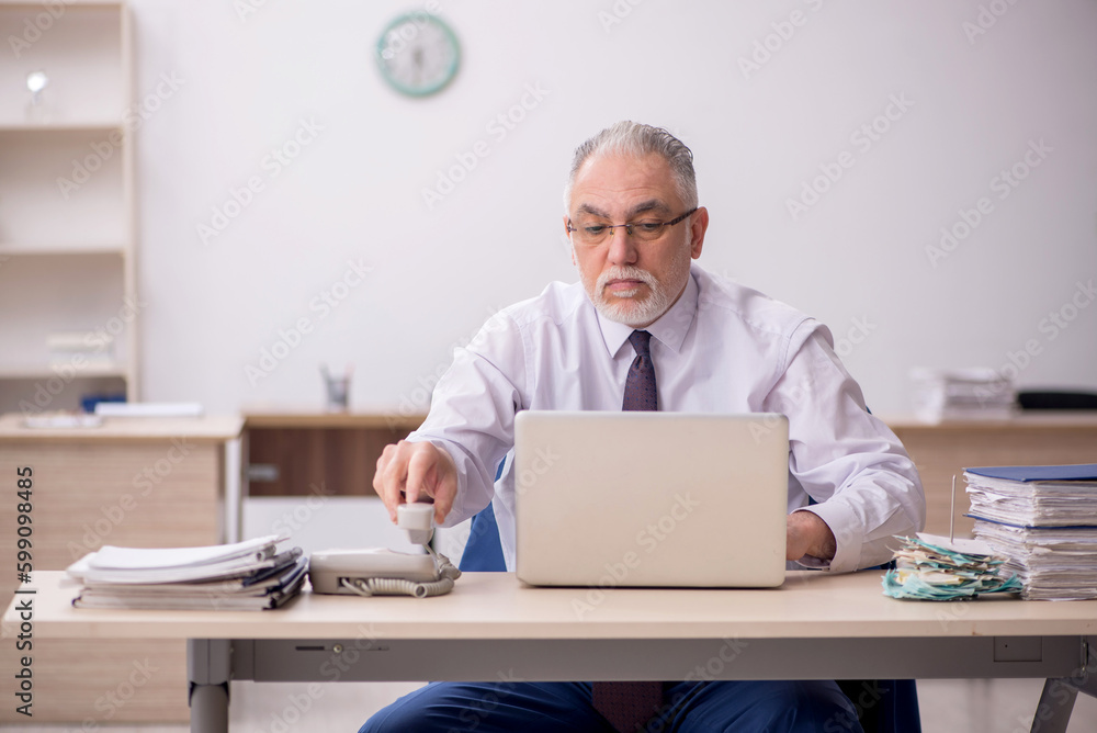 Old male employee working in the office Old male employee working in the office