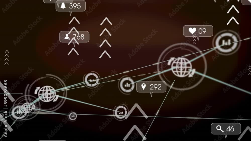 Animation of network of connections with media icons over arrows Animation of network of connections with media icons over arrows
