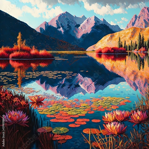 lake with colorful flowers 