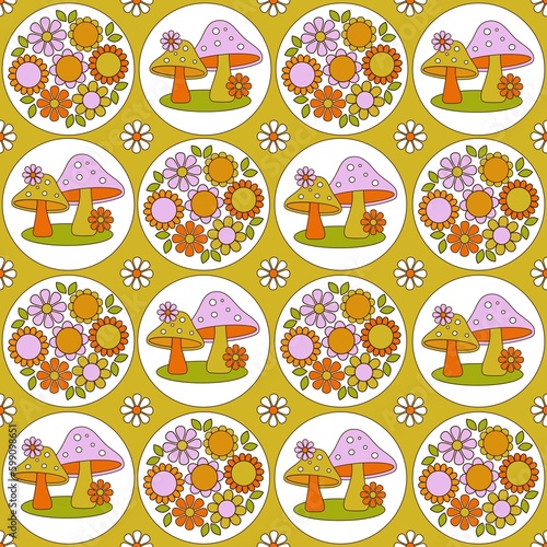 mushroom and flower circles seamless pattern on yellow background