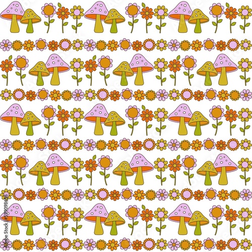 mushroom and flower seamless stripe pattern on white background