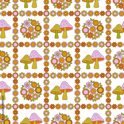 pretty mushroom and flower seamless pattern on white background
