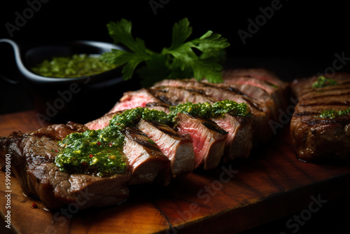 A wooden cutting board topped with Asado - grilled beef, served with chimichurri sauce, AI generative. photo