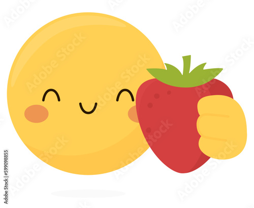Yellow emoji with a large strawberry in hand.
Cute vector illustration for International Fruit Day
