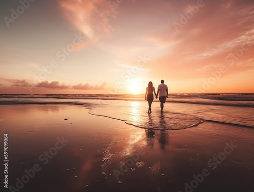 happy couple walking on beach at sunset, man and woman enjoying beach walk at sunset, romantic sunset beach walk, generative AI