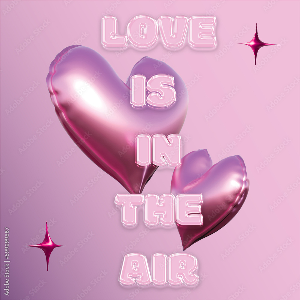 A pink background with pink balloons and the words love is in the air. A pink background with pink balloons and the words love is in the air.