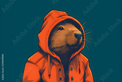 Portrait illustration of an anthropomorphic capybara wearing a hoodie | Exotic animal