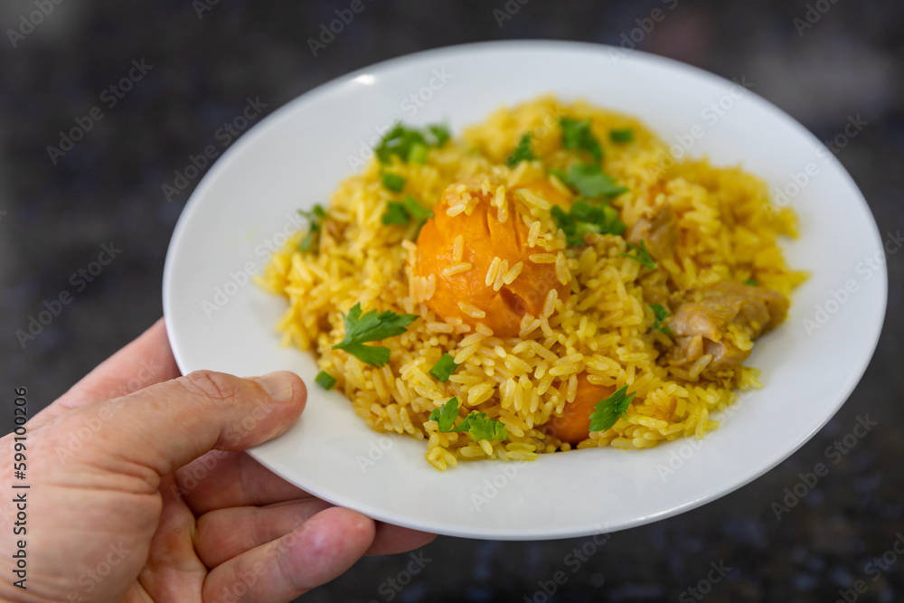 Traditional recipe for rice with chicken and pequi (caryocar brasiliense) Traditional recipe for rice with chicken and pequi (caryocar brasiliense)