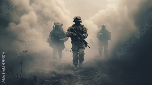 soldiers with rifles on smoke, digital art illustration, Generative AI
