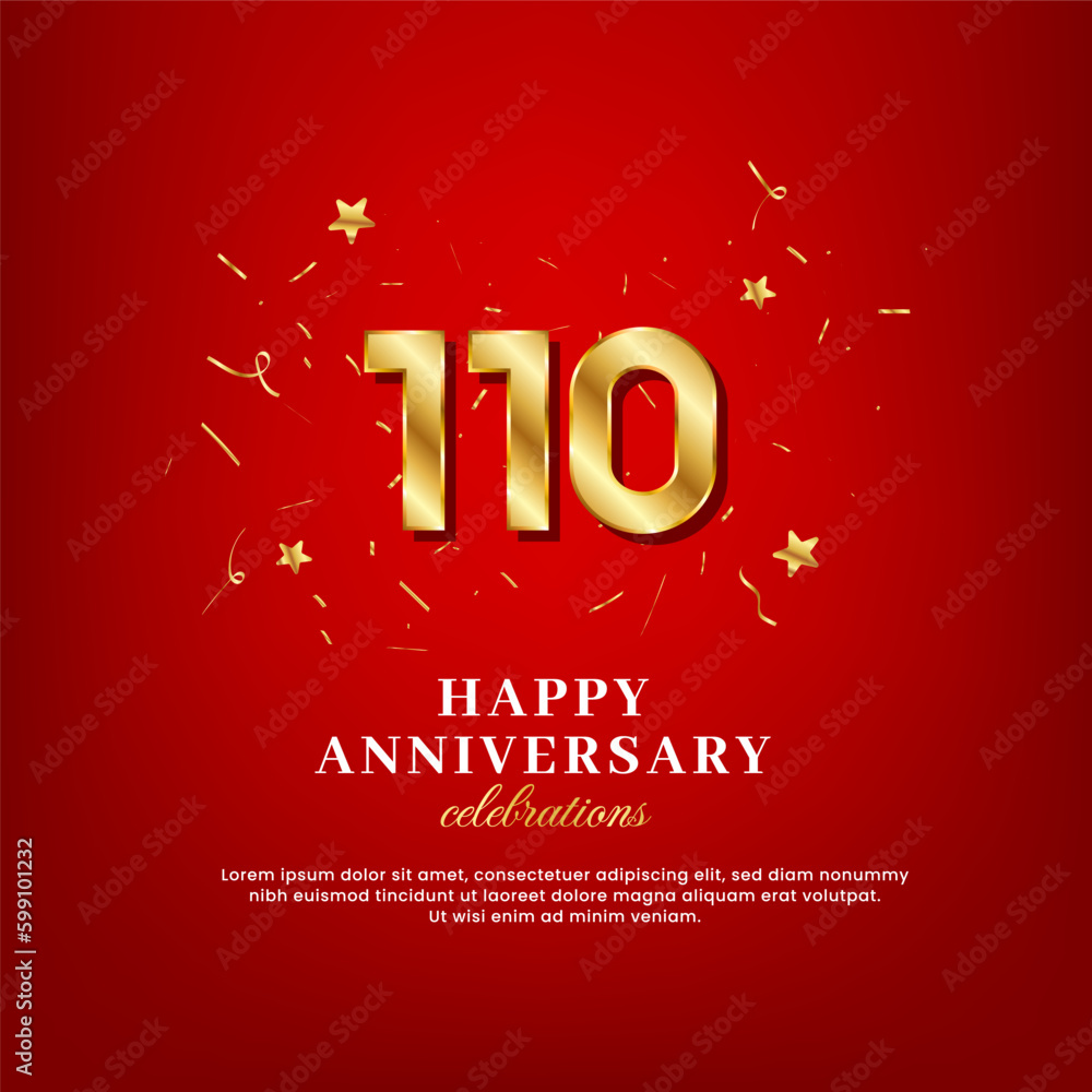 110 years of golden numbers, anniversary celebrating text, and anniversary congratulation text with golden confetti spread on a red background
