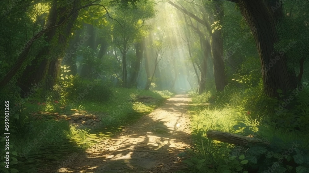 highlighting path on forest, digital art illustration, Generative AI