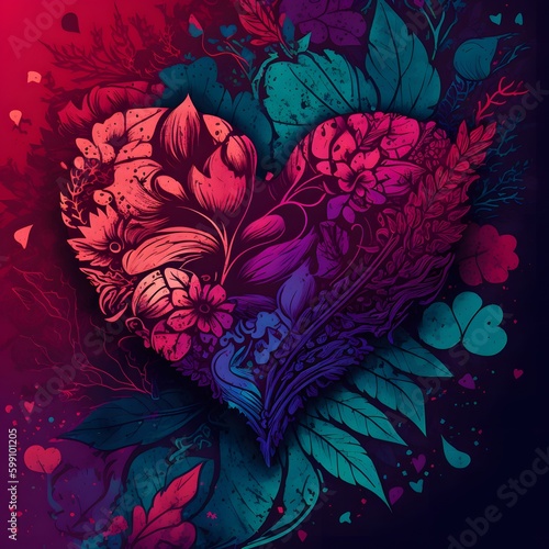 Floral background with heart, Created with Generative AI