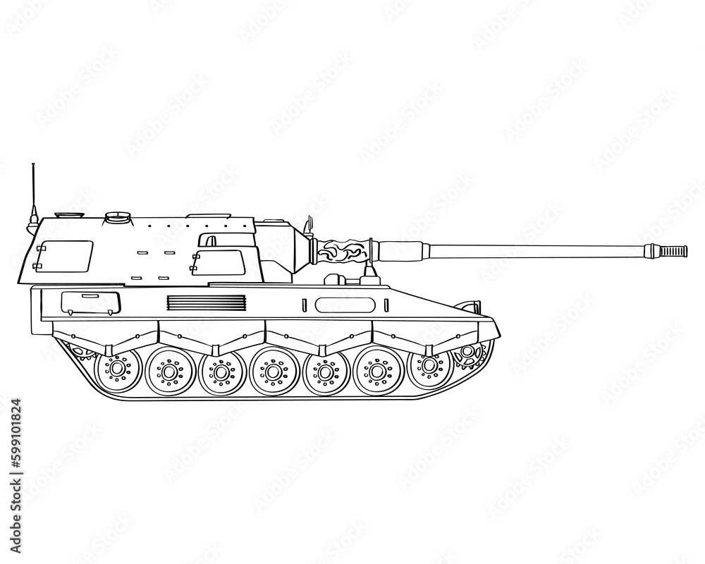 Military armored vehicle doodle. Self-propelled howitzer. German 155 mm Panzerhaubitze 2000. Vector illustration isolated on white background.