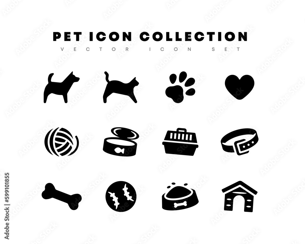 Pet related icons. Dog and cat related symbol collection. Animal flat