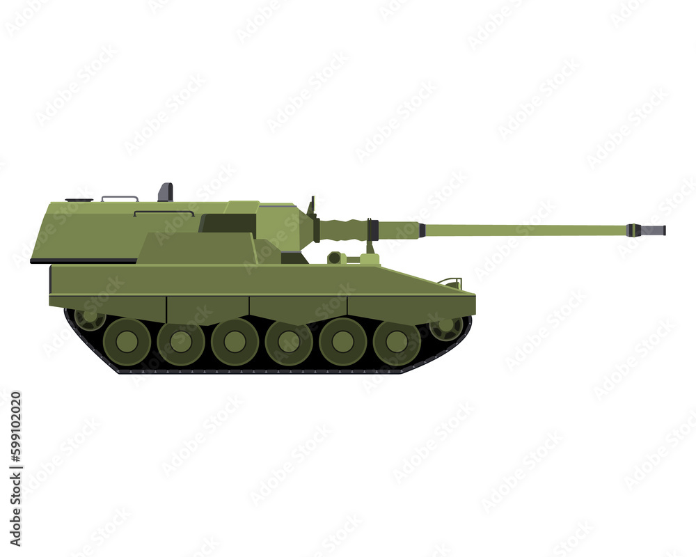 Self-propelled howitzer in flat style. German 155 mm Panzerhaubitze 2000. Military armored vehicle. Detailed PNG colorful illustration.