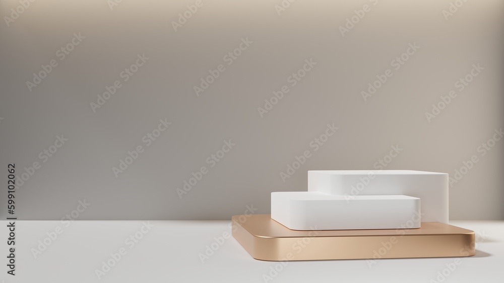 White empty podium or pedestal for product presentation on three floors, showcase of beauty and cosmetics product. Square mockup platform on white background. 3d rendering White empty podium or pedestal for product presentation on three floors, showcase of beauty and cosmetics product. Square mockup platform on white background. 3d rendering