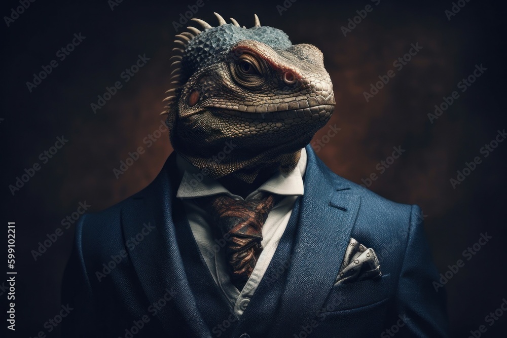 Anthropomorphic iguana dressed in a suit like a businessman. Business Concept. AI generated, human enhanced Anthropomorphic iguana dressed in a suit like a businessman. Business Concept. AI generated, human enhanced