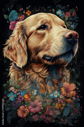 Portrait of Golden Retriever Dog in Colorful Psychedelic Style. Generative ai