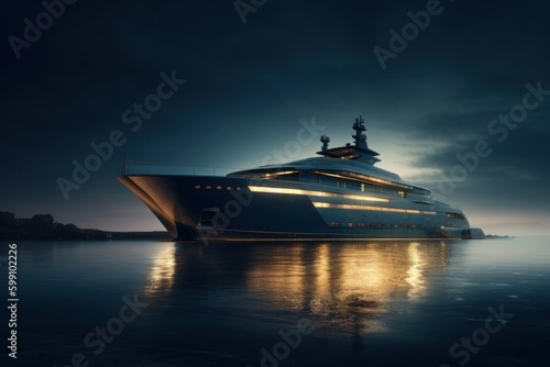Luxury yacht at night in the bay off the coast. AI generated, human enhanced.