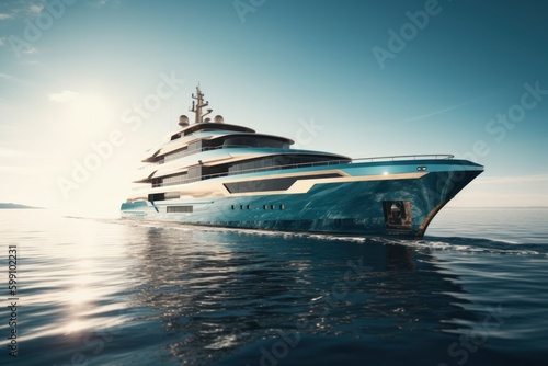 Luxury yacht at sunrise or sunset in a bay near the coast. AI generated, human enhanced.