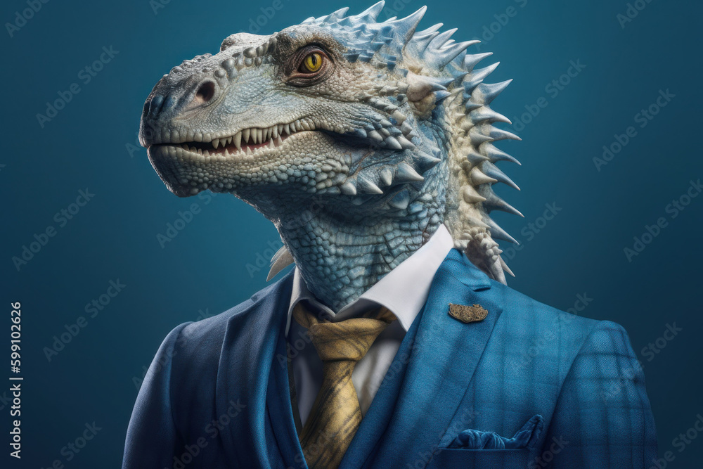 Anthropomorphic dragon dressed in a suit like a businessman. Business Concept. AI generated, human enhanced.