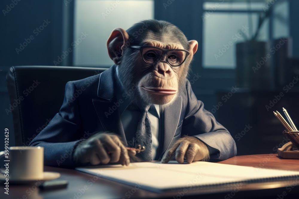 Monkey wearing suit in office. Businessman monkey sitting at office. AI generated, human enhanced. Monkey wearing suit in office. Businessman monkey sitting at office. AI generated, human enhanced.