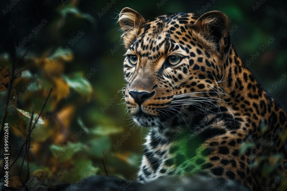 Beautiful leopard. Background with selective focus and copy space. AI generated, human enhanced Beautiful leopard. Background with selective focus and copy space. AI generated, human enhanced