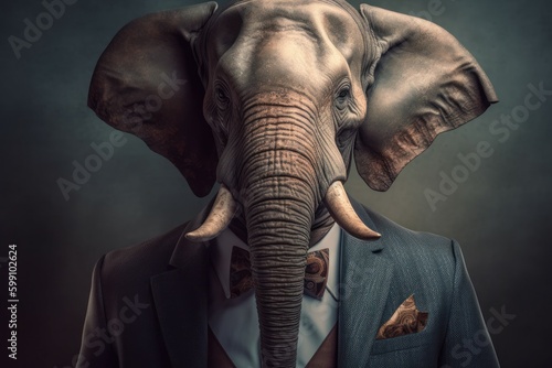 Anthropomorphic elephant dressed in a suit like a businessman. business concept. AI generated  human enhanced.