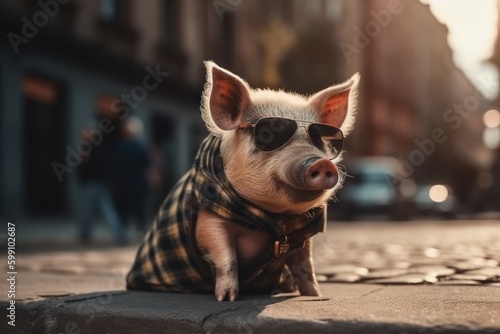 Anthropomorphic hipster pig on a blurred background of an urban environment. AI generated, human enhanced
