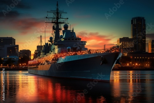 Warship at night. Background with copy space for text. AI generated, human enhanced.