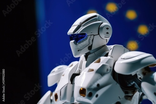 A robot with artificial intelligence on neural networks on a blurred background of the EU flag. AI generated